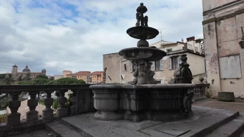 4K Slow Motion Perspective View Of Viterbo Palace Fountain Stock Footage 332274781