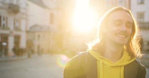 4k. Slow motion. Portrait close-up. Positive emotions. Camera turns around Stock Footage 98349796