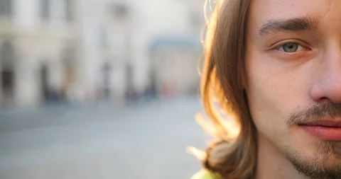 4k. Slow motion. Portrait close-up. Positive emotions. Handsome young hipster Stock Footage 98350391