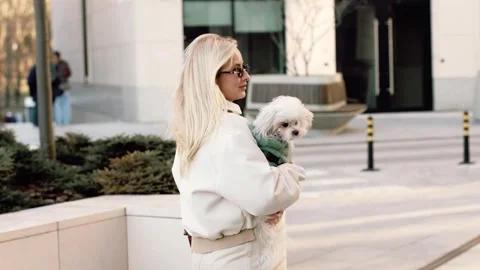 4K slow motion portrait of stylish woman holding small white Maltese dog in a 스톡 동영상 334138845