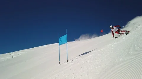 4K slow motion professional ski racer skiing super g Stock Footage 117159940