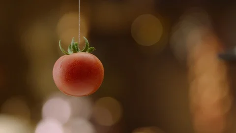 4K Slow Motion Shot of Cutting Tomato with Kitchen Knife Stock Footage 121829687
