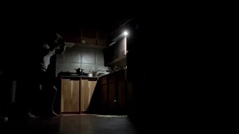 4K Slow Motion Silhouette of a Man in Hoodie Shadow Boxing in a Dark Kitchen Stock Footage 338171041