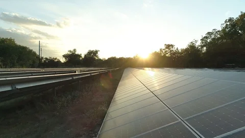 4K Slow Motion Solar Panel Farm Green Renewable Energy Sunset Stock Footage 94594333