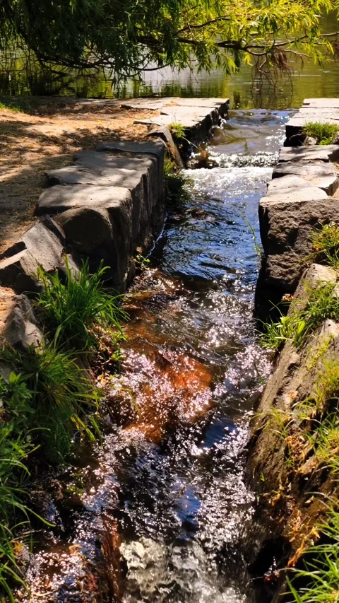 4K slow motion vertical cinematic B-roll footage waterfall cascades sunlit rocky Video stock 309125065