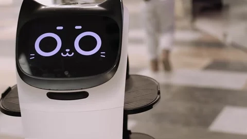 4K slow motion video of a cute autonomous service robot with animated face in Stock Footage 327678196