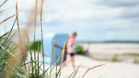 4K slow motion video of dunes grass, beach chair and playing children on back Stock Footage 201876955