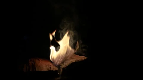 A 4K slow motion video of logs burning with orange flames at a braai Stock Footage 260116035