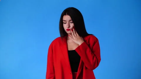 4k slow motion video of one girl having toothache. Stock Footage 231405031