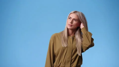 4k slow motion video of one woman touching with her hair and thinking about Stock Footage 238443497