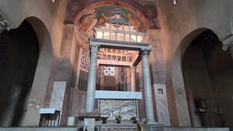4K Slow Motion View Of Medieval Altar And Cosmati Mosaic Rome Basilica 動画素材 331538533