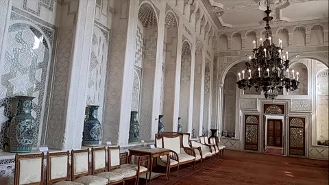 4K slow pan of decorated mirror niches and chandelier at Emir summer palace Stock Footage 336023688