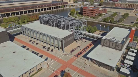 4K Slow Rotating Aerial View Of Harley Davidson Museum Milwaukee Stock Footage 224654705