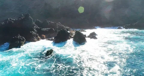 4k Slowmotion drone shot of powerful ocean waves crashing rocks in Tenerife Stock Footage 90272704