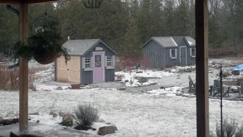 4K Small Cabins in Winter, Snow Cottage Life Landscape Forest House Video stock 289310379