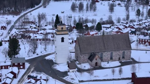 4K Small Panorama Drone of Luleå Church Churches in Winter Snow Stock Footage 302792976