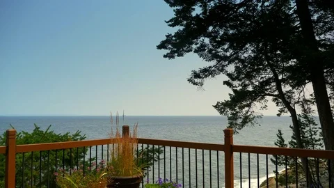 4K Small Tree and Wooden Deck Ledge and View of Horizon Water Stock Footage 80589434