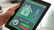 4K Smart Home Door Lock Security App On Tablet Stock Footage