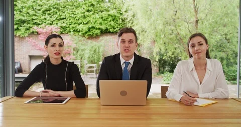 	4K Smiling managers interviewing job candidate, as seen from personal perspecti Stock Footage 110074799