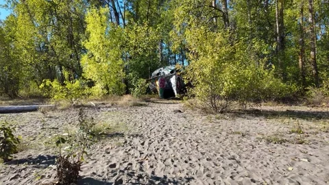 4K smooth walk through abandoned UFO-like graffiti structure near Collins Beach  Stock Footage 318636112