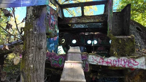 4K smooth walk through abandoned UFO-like graffiti structure near Collins Beach  Stock Footage 318636754