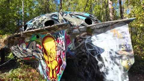 4K smooth walk through abandoned UFO-like graffiti structure near Collins Beach  Stock Footage 318636905