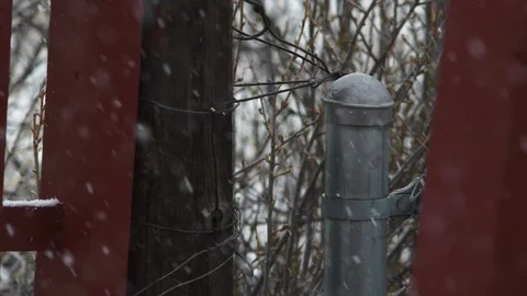 4K Snow Flakes Slowly Falling in Front of Red Pergola and Fence in Colorado Stock Footage 106388164