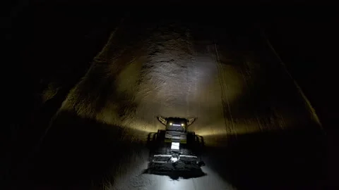 4k. Snow grooming machine on a ski slope at night Stock Footage 161271435