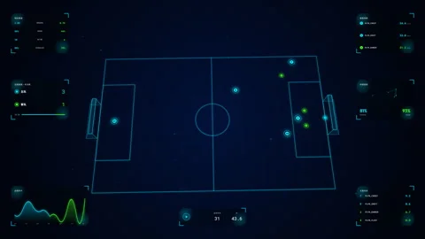 4K Soccer Analytics HUD Wing Play Cross and Header Ballistic Arc Overlay Loop Video stock 335270747