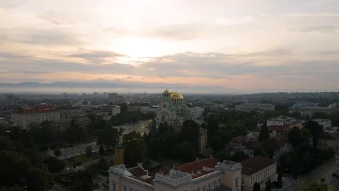 4K Sofia Bulgaria Alexander Nevsky Cathedral at Sunrise Drone Stock Footage 122510942