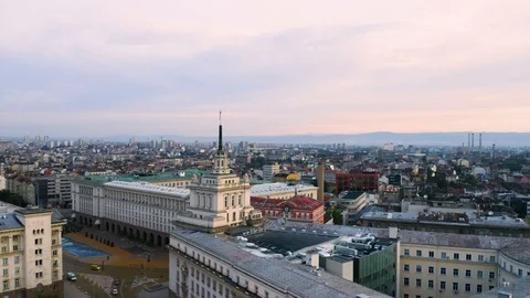 4K Sofia Bulgaria Bulgarian Flag Downtown Council of Ministers President Drone Stock Footage 122461729