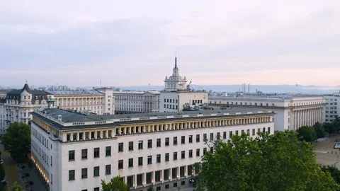 4K Sofia City Bulgarian Flag President Office Downtown Largo Square Aerial Stock Footage 122461694