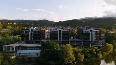 4K Sofia Iskar Lake in Bulgaria at Sunset Drone Rising Waterfront Hydroelectric Stock Footage 122460033