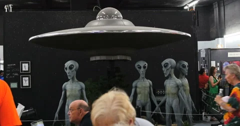 4K Spinning ufo alien display in UFO museum research center Roswell, New Mexico Stock Footage 53968270