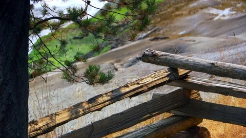 4K Split Wood Cabin Log Fence, Rural Country Life, Ocean Background Landscape Stock Footage 78935462