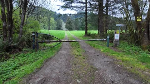 4K stabilized pocket action camera footage approaching a gated gravel road   库存影片 334849513