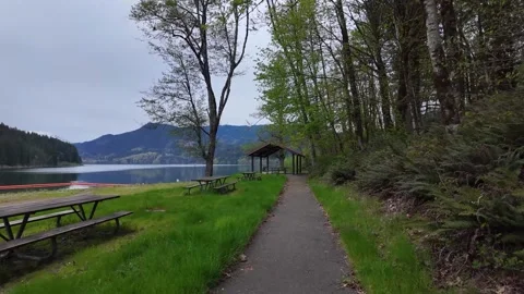 4K stabilized pocket action camera footage of picnic areas beside Yale Lake, USA Stockbeeldmateriaal 334849837