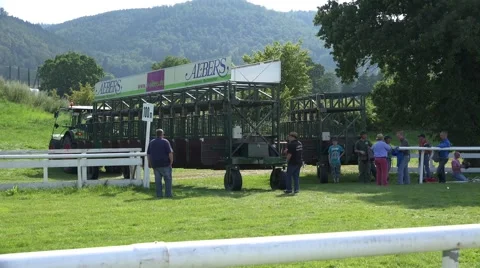 4k Start boxes rolling on the horse racing course Stock Footage 40382208