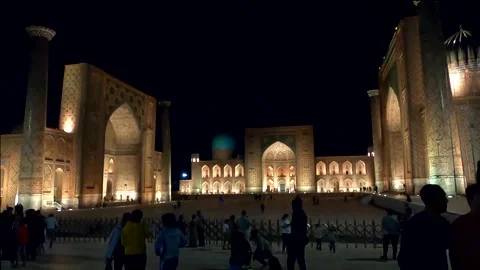 4K static master shot of the three ancient madrasas at night, Uzbekistan Stock Footage 336116398
