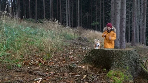4K static shot of a beagle and his little master in yellow jacket running toward Video stock 105560884