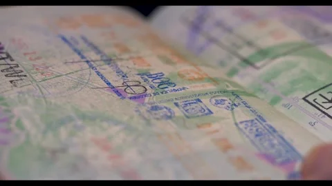 4K Static shot of Visa Entry Stamps in Passport Stock Footage 270961657