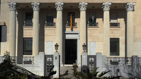 4k static wide angle shot of the facade of a historical art deco building Stock Footage 123796481