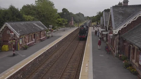 4K Steam engine train The Dalesman arriving in Appleby Station, summer, Stock Footage 121780842