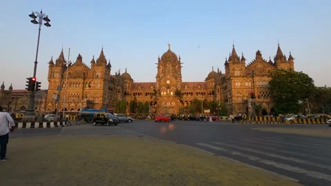 4K Still Timelapse of traffic outside CST Railway station during sunset, Mumbai Stock Footage 150793021