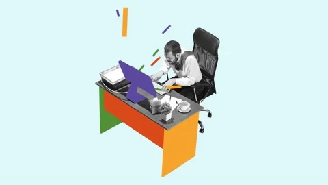 4k. Stop motion and 2D animation. Young man, manager working hardly isolated Stockbeeldmateriaal 173000849