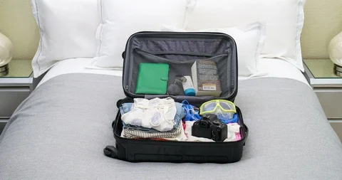 4K Stop Motion Animation Of Empty Suitcase Being Filled Up With Women's Clothes Видео 86404680