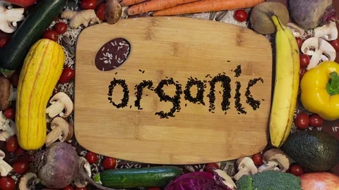 4K STOP MOTION DANCING VEGGIES SPELL ORGANIC Stock Footage 84839790