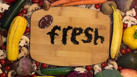 4K STOP MOTION DANCING VEGGIES SPELL FRESH Stock Footage 84874687