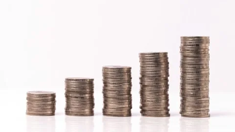 4k stop motion five piles of gold money coins decreasing fading disappear Stock Footage 148652980