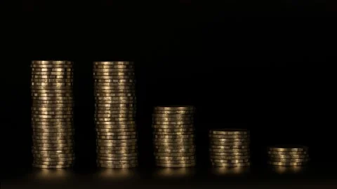 4K Stop motion shows the stack of five piles of gold cash coins increasing Stock Footage 157241761